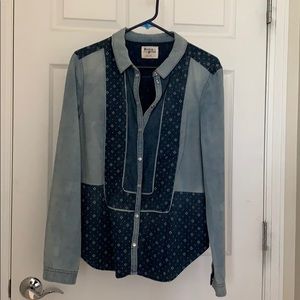 Anthropologie blue denim/patterned blouse